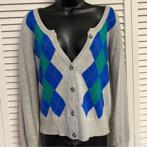 Aéropostale Gray Blue Green Argyle Button Up Sweater Cardigan Women’s Size LG - Picture 2 of 5